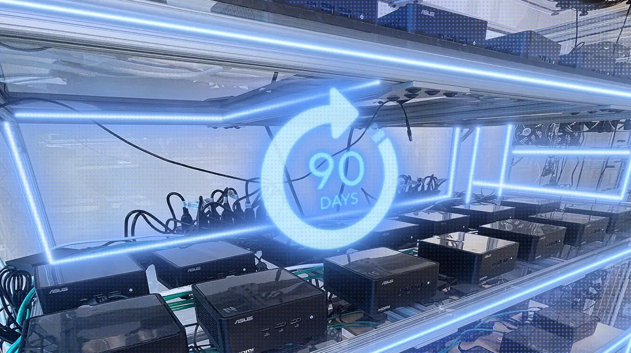 ASUS computer units on shelves with blue lights, a large circular arrow with 90 DAYS in the center.