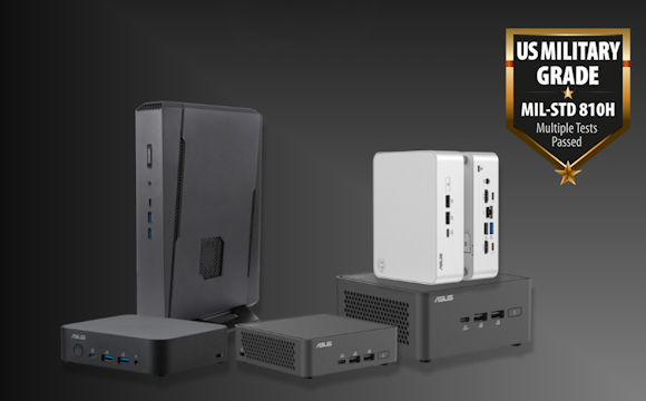 A stack of five mini PCs with a MIL-STD-810H test icon in the top-right corner.