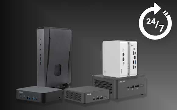 A stack of five mini PCs with a 24/7 icon in the top-right corner.
