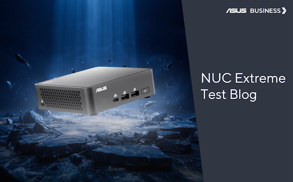 SUS NUC mini PC floating above a cracked, rocky surface with a dramatic blue light beam, accompanied by the text 'NUC Extreme Test Blog' and ASUS Business logo.