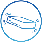 A blue icon depicting a rectangular computer box with wavy lines at each of its four corners, enclosed within a circular border.