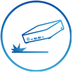 A blue icon depicting a rectangular computer box above a horizontal line with a crush shape on the left, enclosed within a circular border.