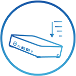 A blue icon depicting a rectangular computer box with a downward-pointing arrow with four short horizontal lines on the side at the right top, enclosed within a circular border.