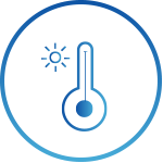 A blue icon depicting a thermometer with a small sun on the top left, enclosed within a circular border.