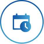 A blue icon depicting a calendar with a solid clock on top of it, enclosed within a circular border.