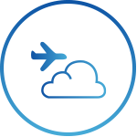 A blue icon depicting a cloud with a small solid airplane on the top of it, enclosed within a circular border.