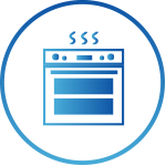 A blue icon depicting an oven with three vertical wavy lines on the top, enclosed within a circular border.