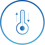 A blue icon depicting a thermometer with two arrows on both sides, one pointing up and the other pointing down, enclosed within a circular border.
