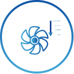 A blue icon depicting a fan with a downward-pointing arrow with four short horizontal lines on the side at the right top, enclosed within a circular border.
