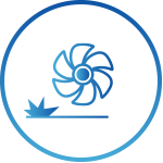 A blue icon depicting a fan above a horizontal line with a crush shape on the left, enclosed within a circular border.