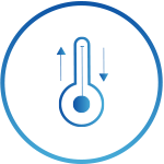A blue icon depicting a thermometer with two arrows on both sides, one pointing up and the other pointing down, enclosed within a circular border.
