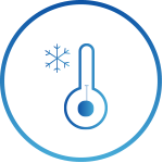 A blue icon depicting a thermometer with a small snowflake on the top left, enclosed within a circular border.