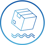 A blue icon depicting a cube-shaped package floating above two wavy lines, enclosed within a circular border.
