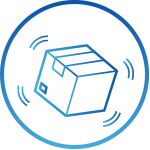 A blue icon depicting a cube-shaped package with wavy lines at each of its four corners, enclosed within a circular border.