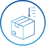 A blue icon depicting a cube-shaped package with a downward-pointing arrow and four short horizontal lines on the side at the top, enclosed within a circular border.