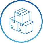 A blue icon depicting three stacked cube-shaped packages, enclosed within a circular border.