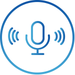  A blue icon with a microphone in the center and wavy lines shown on either side of the microphone, inside a circular border.