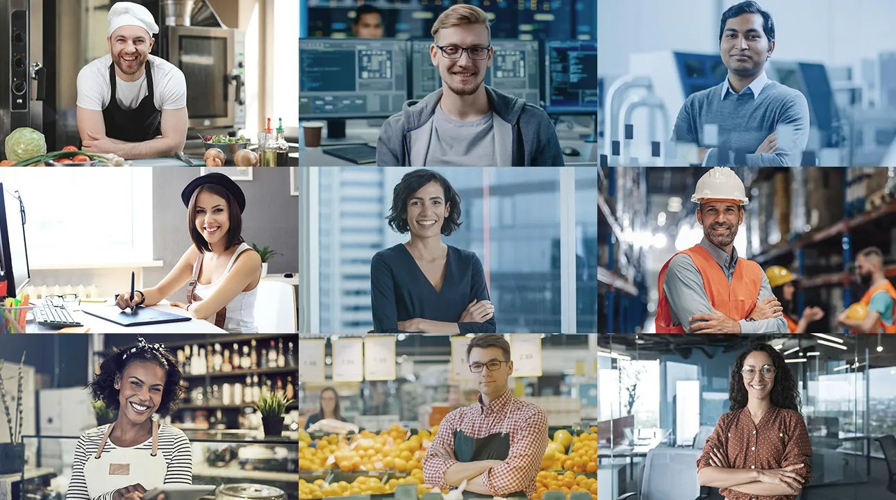 Nine photos of people smiling: man in kitchen, man with screens, factory worker, woman drawing, office workers, retail worker, supermarket man