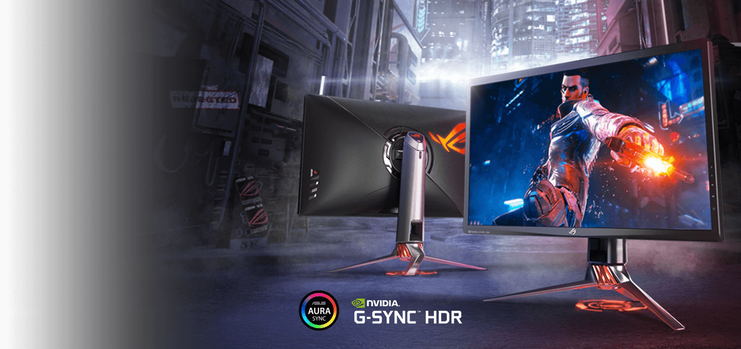 Two ROG monitors with NVIDIA G-SYNC display technology logo and ASUS aura logo