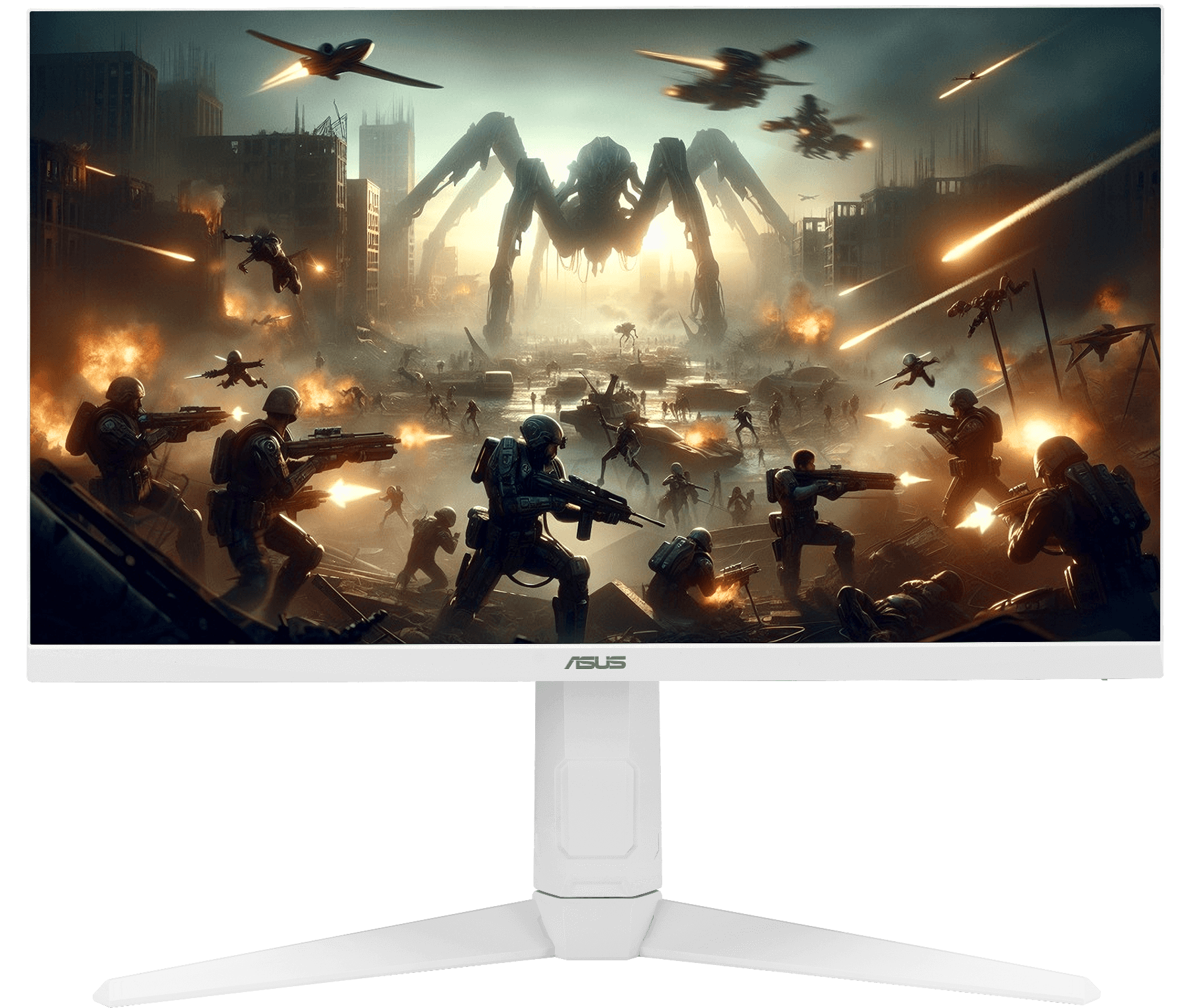 The VG27AQML5A-W monitor displaying vibrant, color-saturated gameplay footage of a combat scene