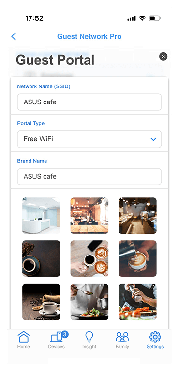 A interface da funcionalidade do portal de convidados com uma variedade de templates visuais para seleção.