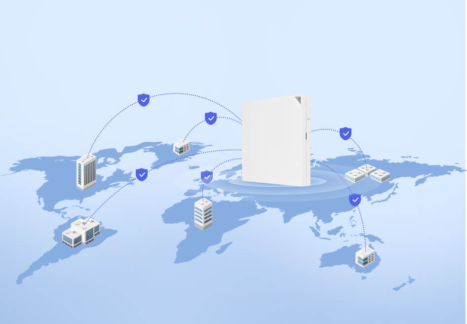 Eine Illustration zeigt eine Site-to-Site-VPN-Einrichtung, die verschiedene Arbeitsplätze über den RT-AX57 Go sicher verbindet.