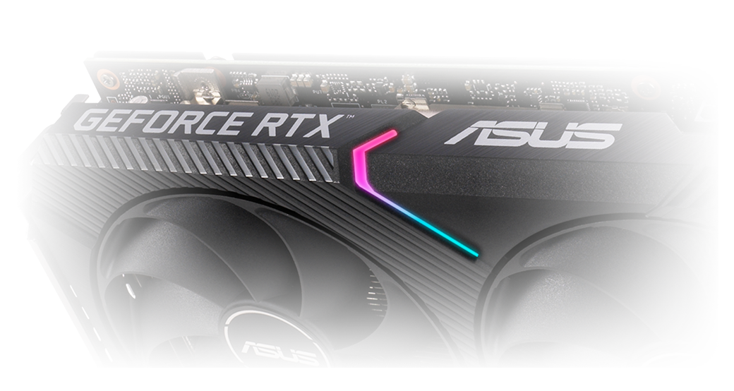 Illuminated lighting strip on top of the ASUS Dual GeForce RTX 3050 V2 graphics card.