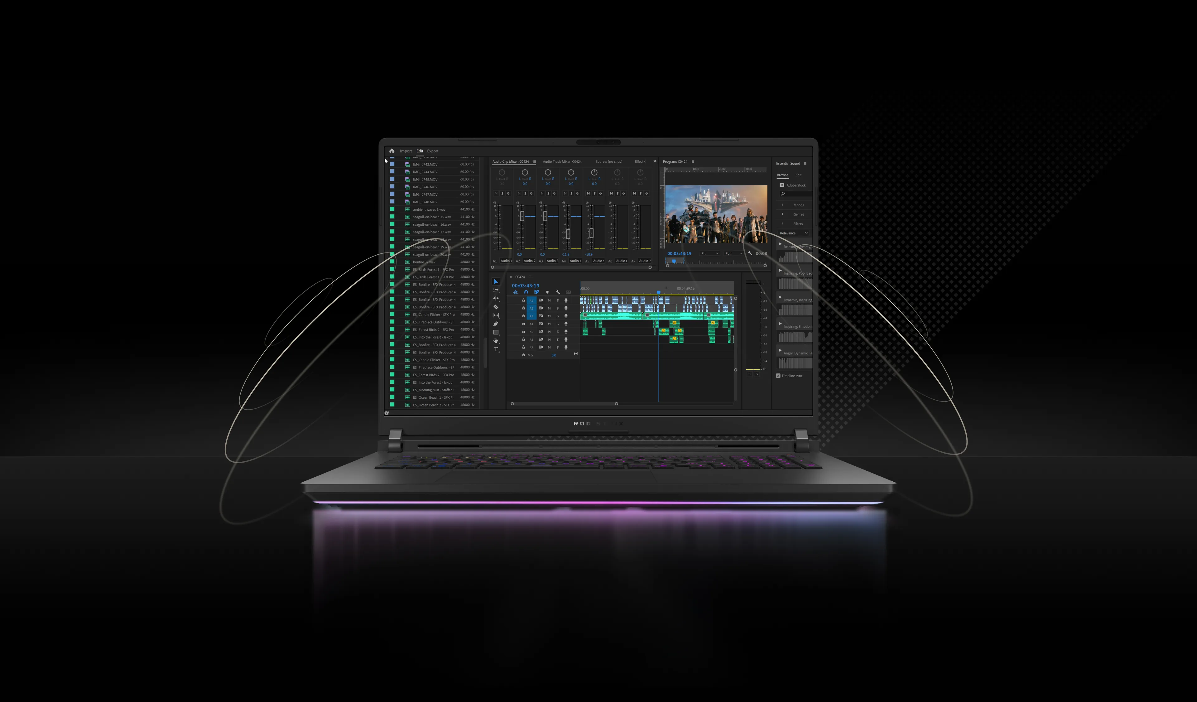 An ROG Strix Laptop with a video editing program showing on-screen.