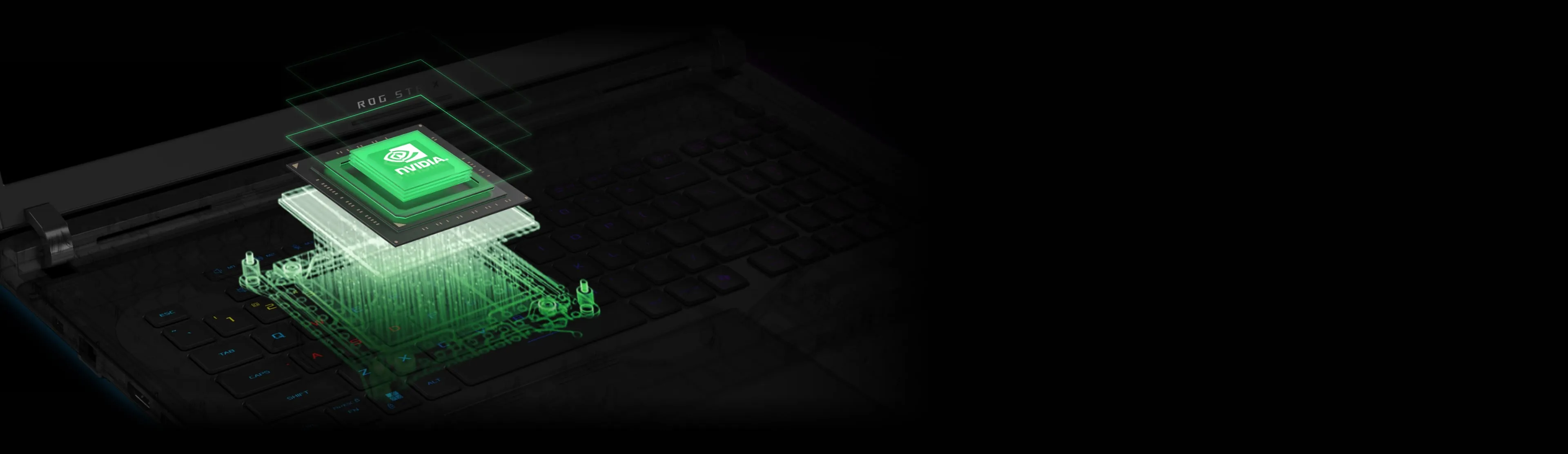 An NVIDIA GPU appearing from underneath a laptop keyboard.