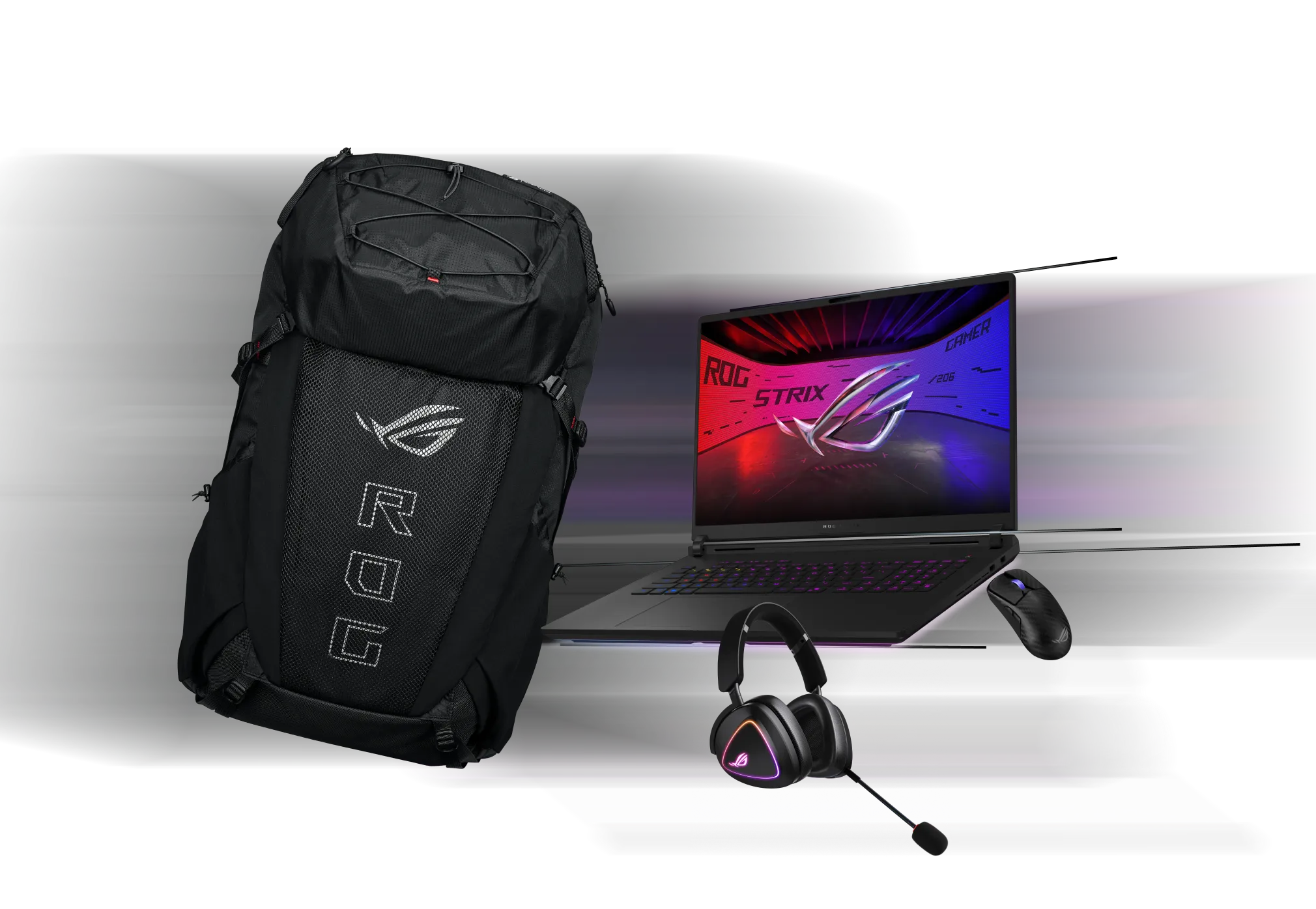 From left to right; an ROG Archer ErgoAir Gaming Backpack, ROG Delta II headset, SCAR 18, and ROG Harpe Ace Extreme mouse.