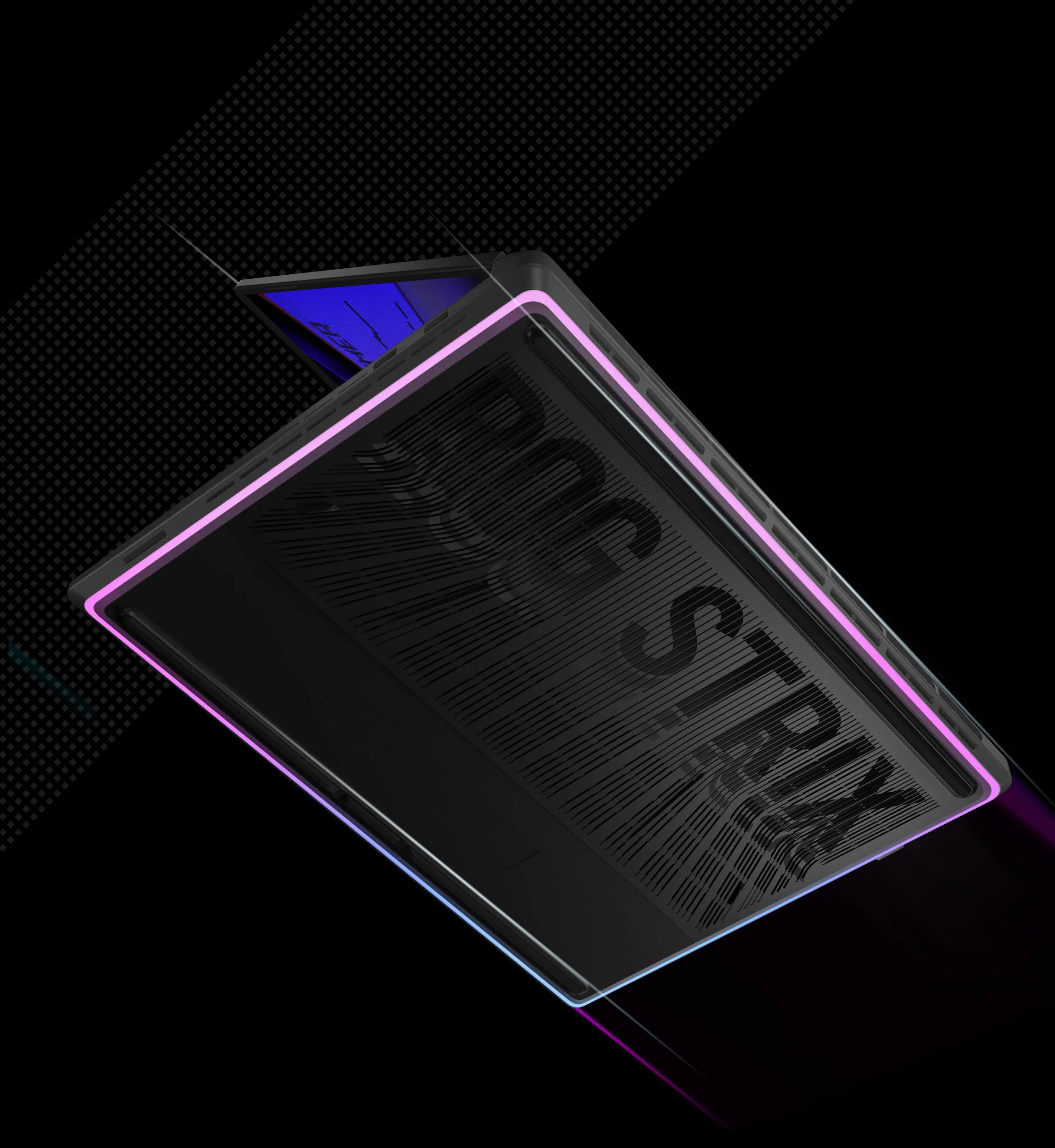 The bottom of an ROG Strix laptop with pink and blue lighting surrounding the chassis.