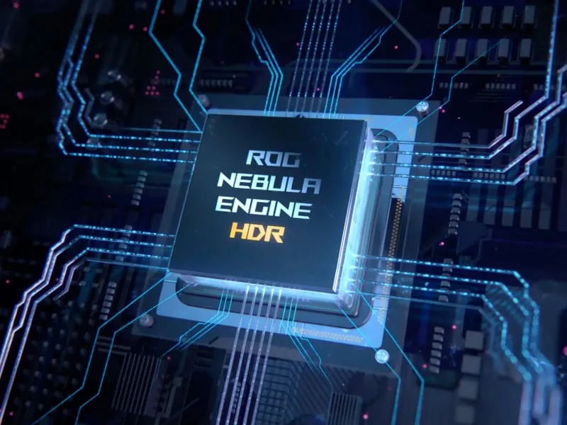 An image of a stylized chip on a motherboard with ROG Nebula Engine HDR written on it.