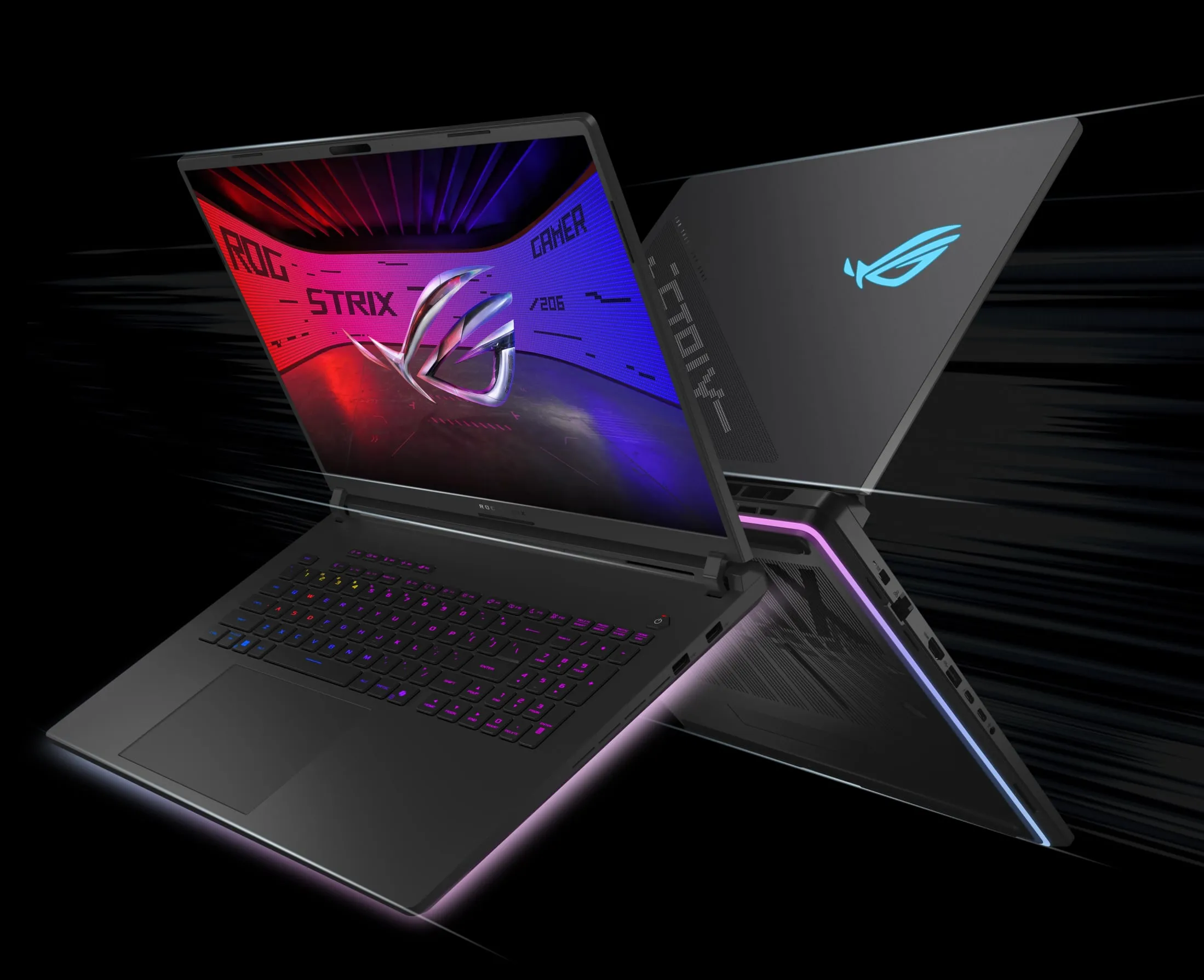 Two back-to-back ROG Strix laptops with the lids open and an ROG logo visible on screen, with Windows Hello text above the webcam.