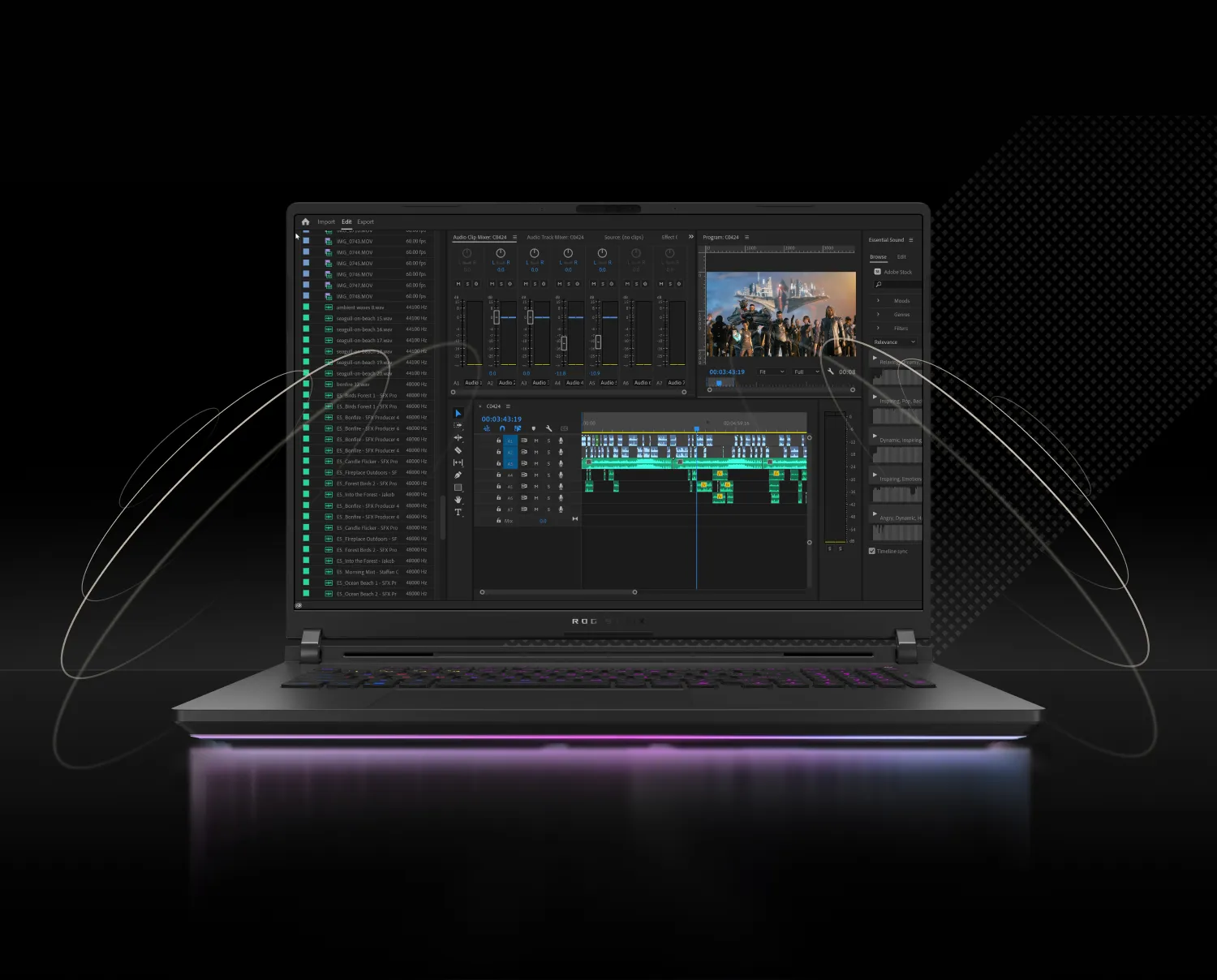 An ROG Strix Laptop with a video editing program showing on-screen.