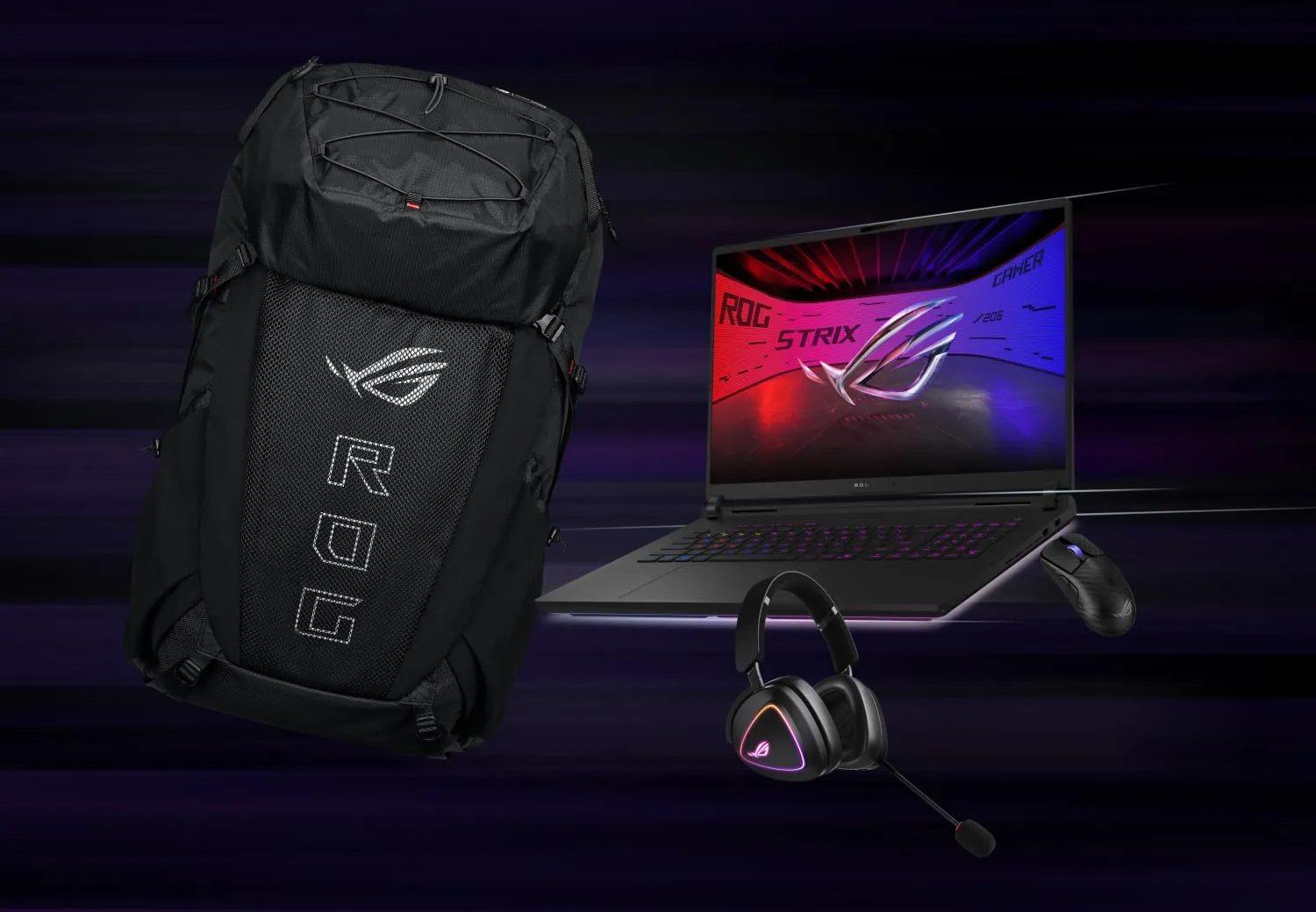 From left to right; an ROG Archer ErgoAir Gaming Backpack, ROG Delta II headset, SCAR 18, and ROG Harpe Ace Extreme mouse.