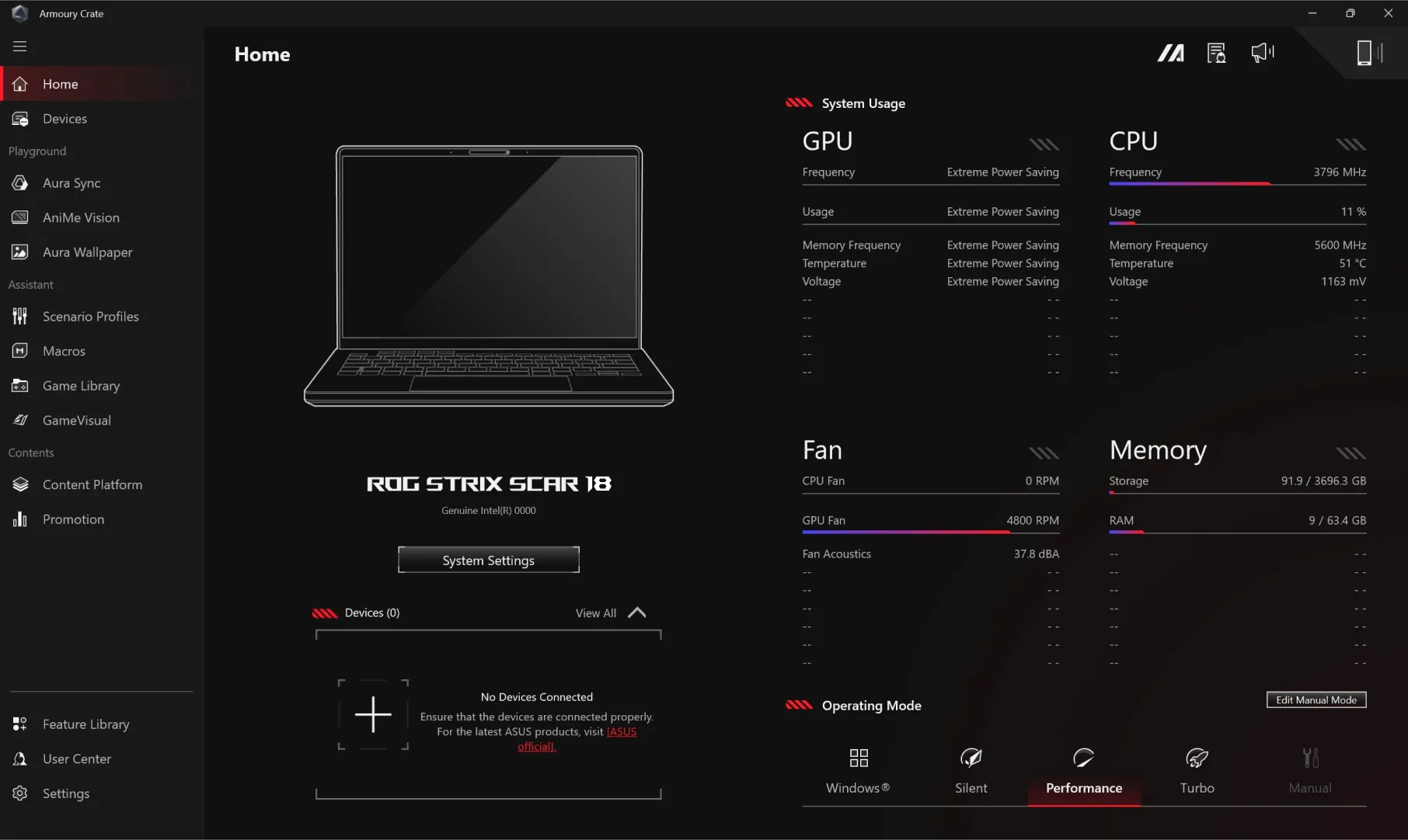 The user interface of Armoury Crate software, showing the system status overview.