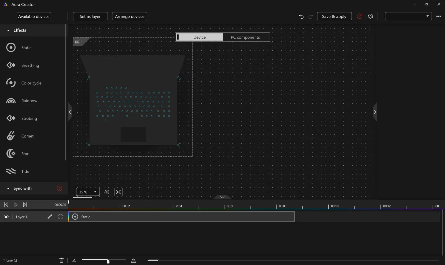 The user interface showing where users can adjust and sync all their ROG Aura Sync devices.