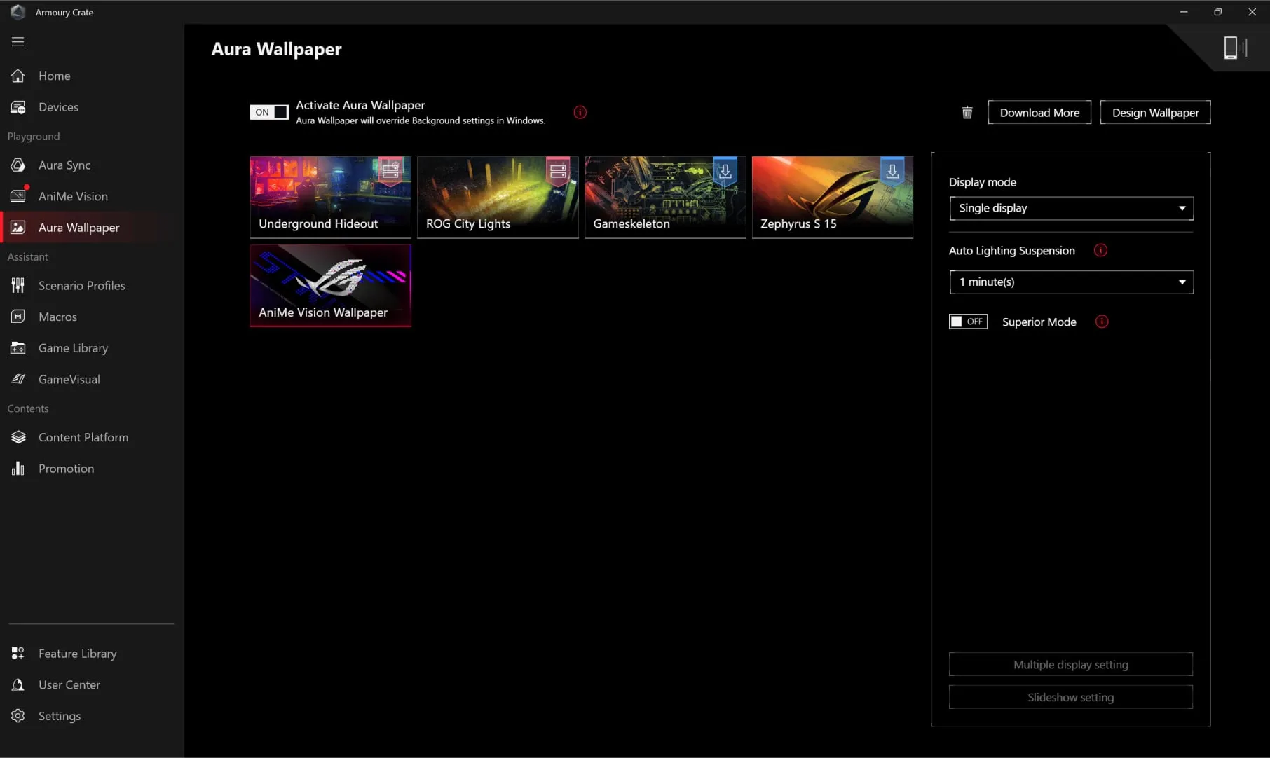 The user interface showing where users can download and apply Aura wallpapers.