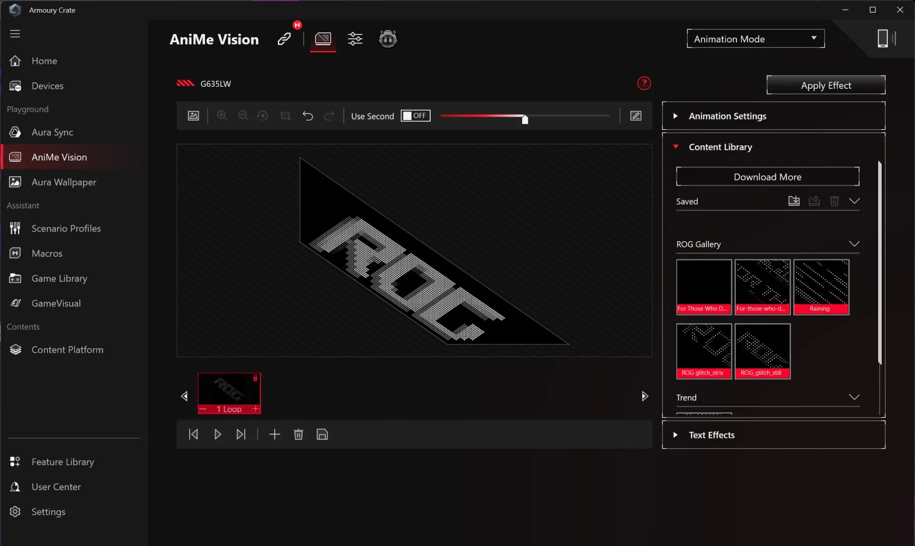 The user interface showing where users can customize Anime Vision lighting effects.