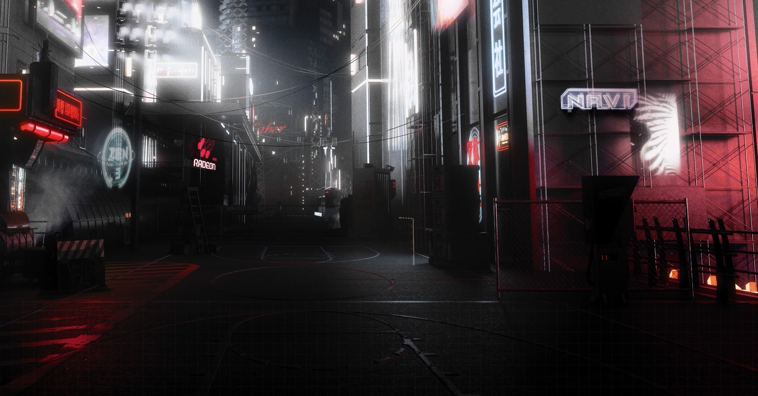 ville cyberpunk avec éclairage rouge