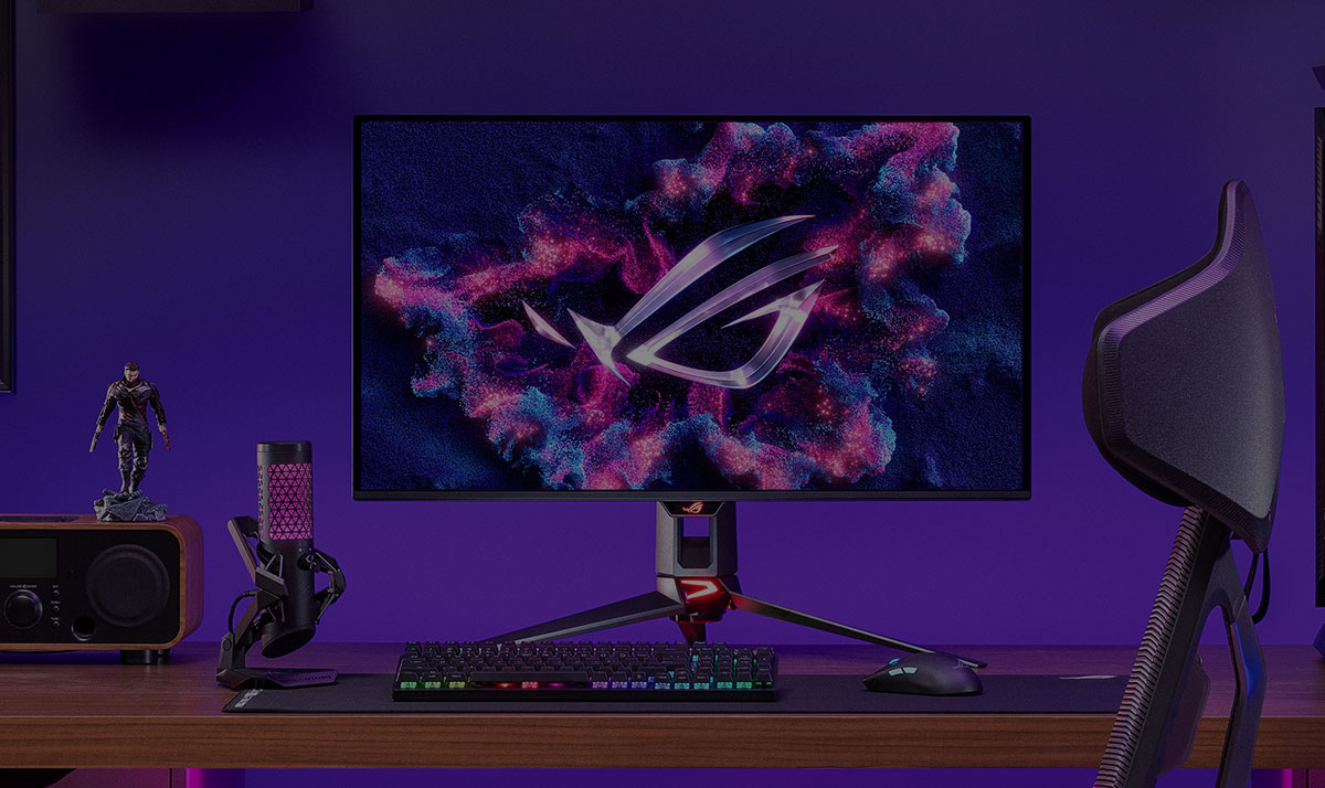 ROG gaming setup with a PC, monitor, keyboard, mouse, and mic. (Opens in new window)