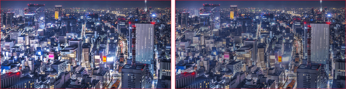 The night view of modern city. / The night view of a cityscape with the dimming effect enabled on some brighter spots of the image.