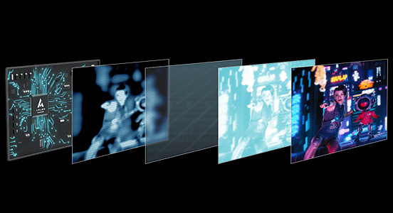 ROG Nebula Display-technologie opgedeeld in lagen, waarbij elk filter afzonderlijk wordt belicht.