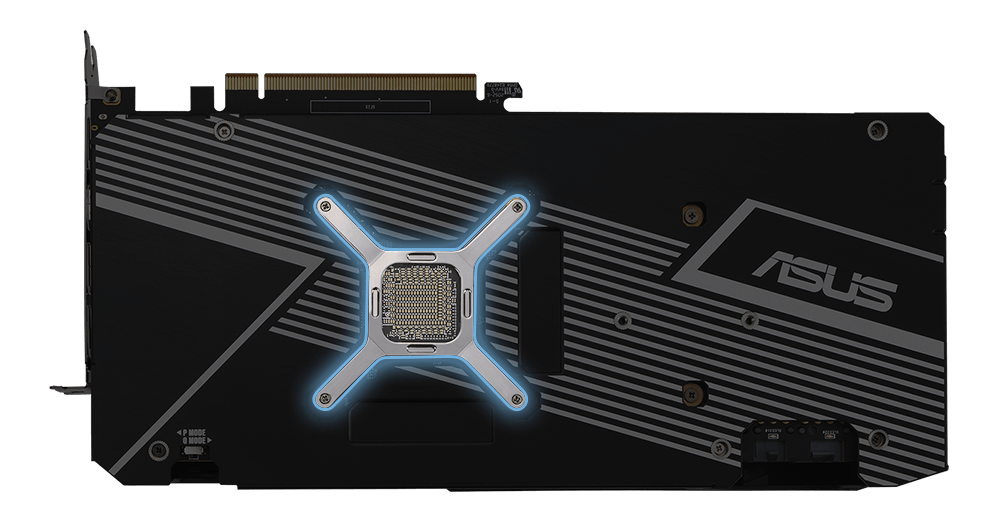 Parte posterior da Dual Radeon™ RX 6750 XT, com foco no Suporte do GPU