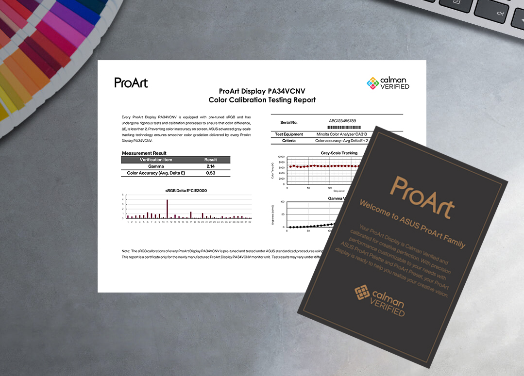 A color calibration test report of ProArt Display lies on a creator’s desk