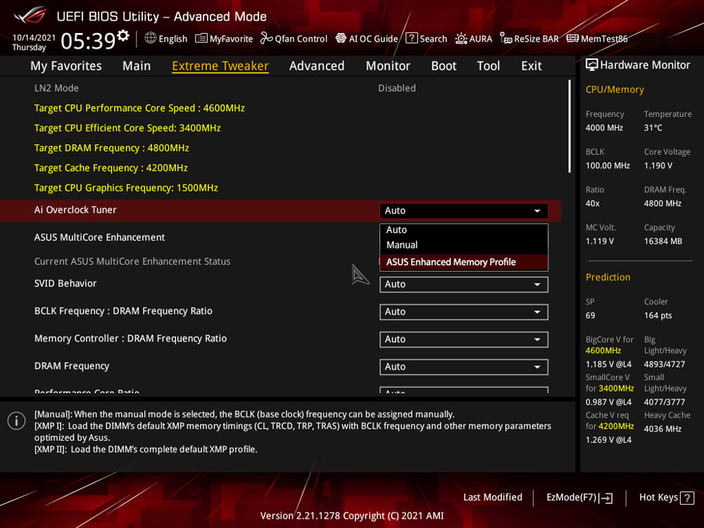 Interface utilisateur avec Profil mémoire amélioré ASUS (AEMP)