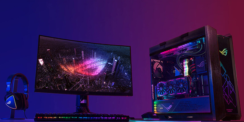 Configuração Gaming ROG com periféricos, monitor, e PC Gaming