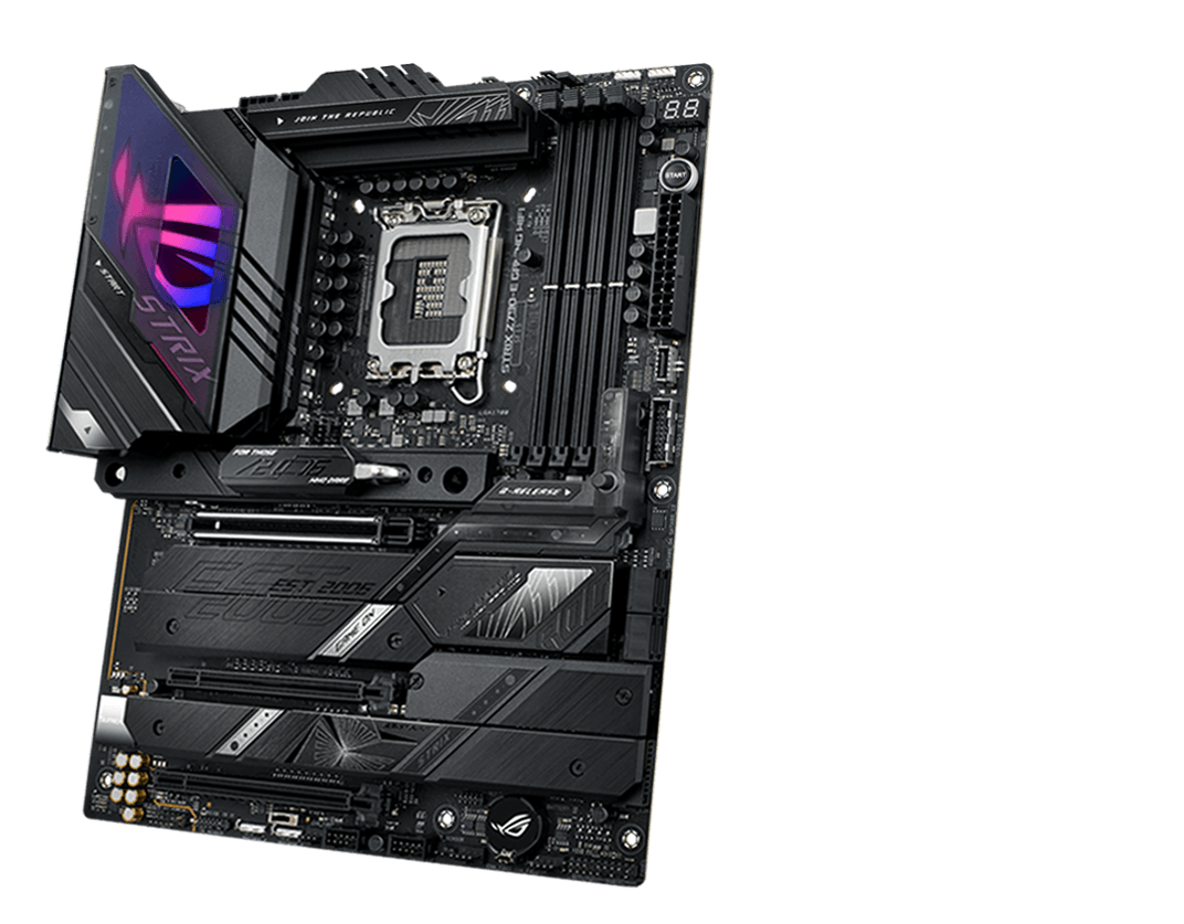 Los diseños frontal y trasero de la ROG Strix Z790-E ofrecen una estética limpia y moderna.