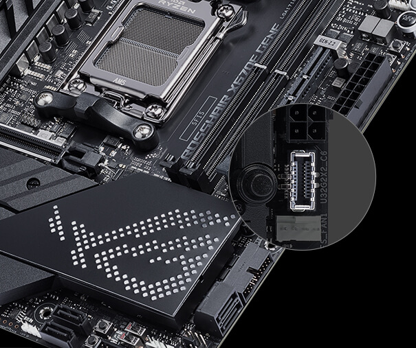 The ROG Crosshair X670E Gene motherboard features USB 3.2 Gen 2x2 front-panel connector with quick charge 4+.