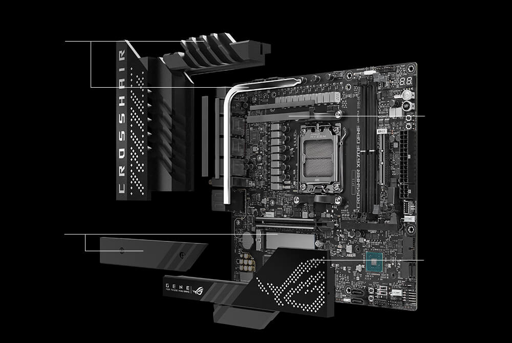 Das ROG Crosshair X670E Gene ist mit einer verbesserten Kühllösung ausgestattet.